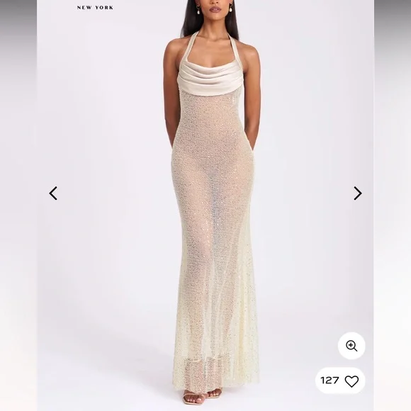 Zahya Lime Halter Backless Beaded Mesh Gown - Picture 4 of 7